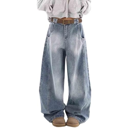 Women's Retro Washed Distressed Loose Straight Leg Pants, Street Trend Curved Knife Jeans Wide Leg Jeans Woman