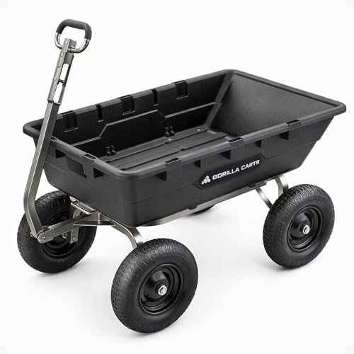 Gorilla Carts Heavy-Duty Poly Yard Dump Cart, 10 Cu Ft Tub, 1500 lb Haul Capacity, Black – Towable Utility Wagon with Quick-Release Dumping & Pneumatic Tires for Landscaping and Gardening