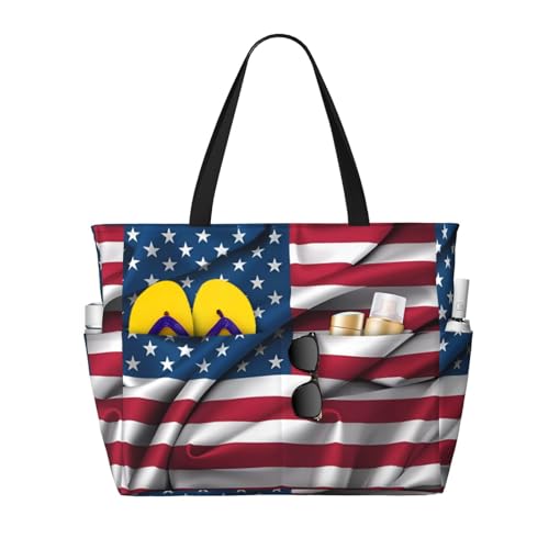 American Flag Print 28L Large Beach Tote Bag, 7 Pockets Waterproof Travel Shoulder Bag, Gym Oversized Tote