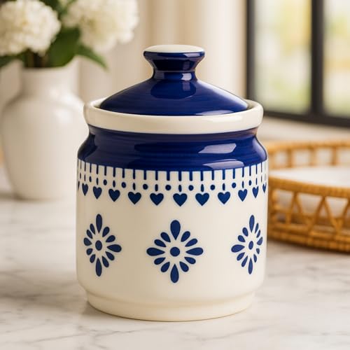 Image of Classyo Ceramic Storage Containers - 600 ml, Salt Container, Pickle Jar with lid, Ceramic Jars for Kitchen Storage for Achar and Namak (Blue Floral, Set of 1)