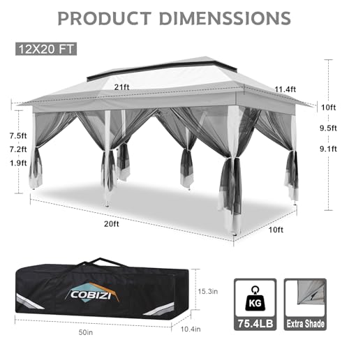 Image of COBIZI 10x20 Pop up Canopy Tent - 12x20 Gazebo, Party Tents for Parties, Carpas para Fiestas, Large Outdoor Popup Patio Screened Gazebos, Shelter Tents with Net for Backyard, Commercial,Light Grey