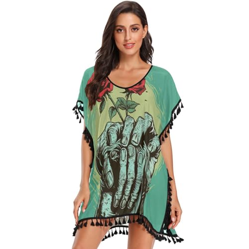 Red Rose Hand Abstract Green Women's Beach Cover Up Chiffon Tassel Swimwear Swimsuit Coverups for Girl