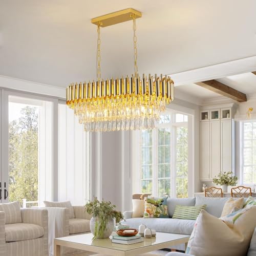 Image of Desidiya Modern Led Rectangle Crystal Chandelier 3 Tier Jhumar with Gold Finish Luxury Ceiling Light Fixture Elegant Light for Living Room, Dining Room, Foyer or Bedroom (800 * 300MM)