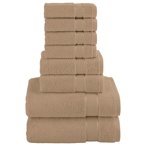 Image of Elegant Comfort Premium Cotton 8-Piece Towel Set, Includes 4 Washcloths, 2 Hand Towels and 2 Bath Towels, 100% Turkish Cotton - Highly Absorbent and Super Soft Towels for Bathroom, Taupe