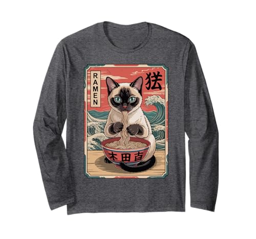Funny Cat Eating Ramen Kawaii Siamese Cat Lover Gift Men Mom Long Sleeve T-Shirt
