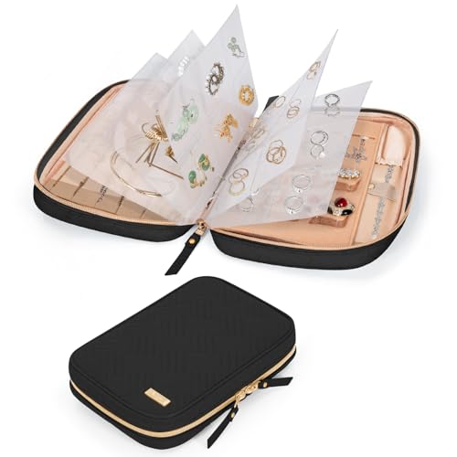 LASUK Travel Jewelry Box, Small Zipper Jewelry Boxes, Portable Jewellery Storage Holder Display, Storage Ring Binder, for Rings, Earrings, Necklaces, Bracelets, Black