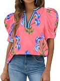 Cicy Bell Womens Puff Sleeve Floral Tops Summer Casual Dressy Blouses V Neck Print Boutique Shirts Pink