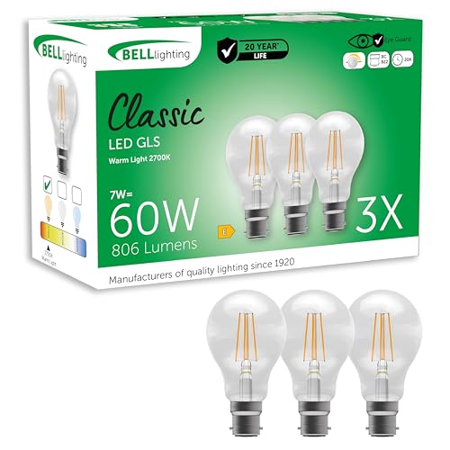 BELL Lighting B22 Bayonet Filament Dimmable Light Bulb LED GLS 3 Pack | Warm White 2700K | 810 Lumen 7W | Energy Saving GLS LED Light Bulb | 60W Lamp Equivalent