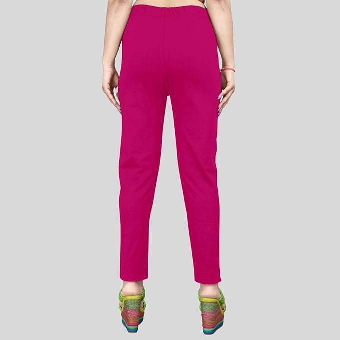 Image of Women's Solid Cotton Lycra Pants-High Waist Slim Fit Stretchable Leggings - Comfortable Long Trousers for Casual, Office & Everyday Wear