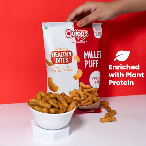 Image of Quipps Millet Puff Lime & Mint | Healthy Millet Snack | Non-Fried Roasted Puffs | High Fiber & Plant Protein | Gluten Free, Vegan, Non-GMO | No Preservatives, No Palm Oil | Light & Crunchy Healthy Snack for Office & Travel | Vegetarian | 60g