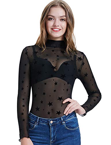 Kate Kasin Women's Mesh Shirt Sheer Blouse High Neck Long Sleeve See Through Tops Tee (Black,M)