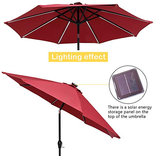 Aurora Furniture 9 Ft Strip Light Outdoor Patio Umbrella, Folding Market Table Sunbrella Waterproof Umbrella with Solar Energystorage Panel for Yard Lawn Beach, Base not Included, Wine Red