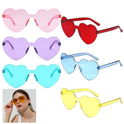 6 Pairs Herzform Sonnenbrille, Randlose Frauen Sonnenbrillen Brillen, Randlose Getönte Brillen, Bunte Herz Sonnenbrille, für Valentinstag, Karneval, Geburtstagsparty, Foto-Requisiten Cover