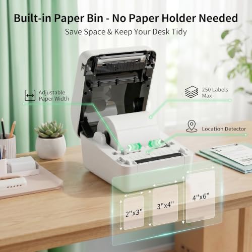 Image of Bluetooth Thermal Shipping Label Printer with Built-in Label Bin, Wireless 4x6 Label Printer for iPhone, Android, Windows & Mac, Includes 50 Labels, Works with USPS, UPS, Amazon, Etsy, Shopify, White