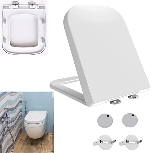 White Soft Close Luxury Square Toilet Seat - Mute Cover With Top Fixing and Quick Release for Easy Cleaning - Standard Size With Adjustable Hinges