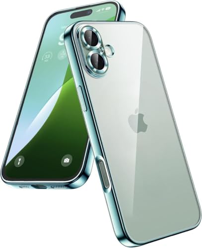 Image of Elzzi Electroplated Transparent Clear Transparent Cover for iPhone 16, TPU Cover Full Body & Individual Camera Protection Bumper Cases for Men & Women (Teal Green)