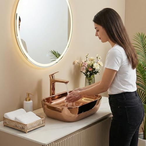 Image of BASSINO 18x13x5.5 Inches Table Top Washbasin /1 Year Warranty /Ceramic Wash Basin for Bathroom /Rectangular Counter Top Wash Basin for Restaurant /Dining Hall /Living Room /Countertop Sink(Glossy Rose Gold)