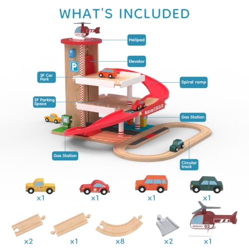Image of Wooden Parking Garage Toy Set for Toddlers Ages 3-5