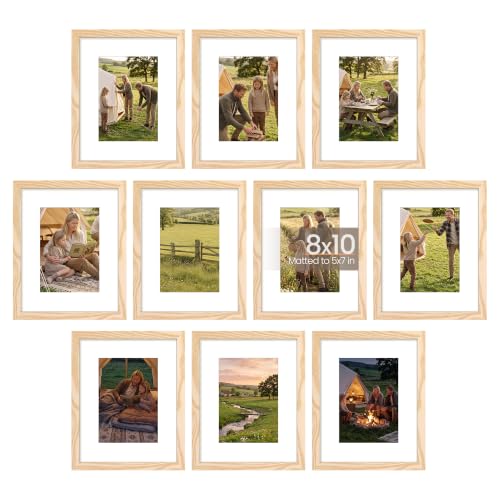 Image of upsimples 8x10 Picture Frame Set of 10, Display Pictures 5x7 with Mat or 8x10 Without, Multi Photo Frames Collage for Wall or Tabletop Display, Natural