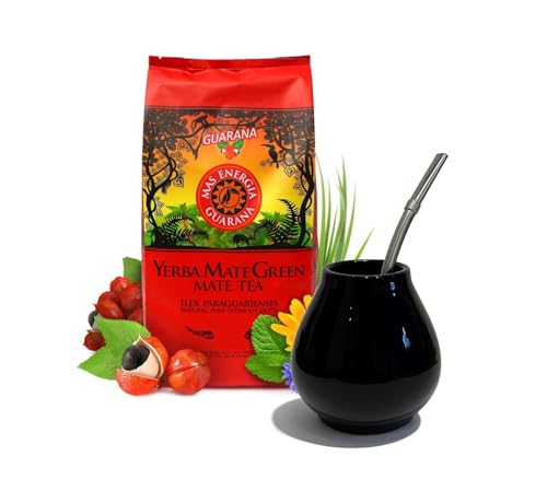 Yerba Mate Starter Set – Green Mas Guarana 200g, 300 ml Ceramic Cup & 16 cm Stainless Bombilla | Energy Tea Gift Kit