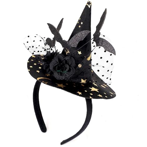 OIUUBBII Halloween Witch Hat Headband Black Gothic Bat Hairband with Black Flower & Stretchy Elastic Band | Halloween Hair Accessories for Women Witch Costume Cosplay Festival Party Decoration