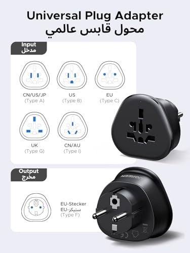 Image of UGREEN European Plug Travel Adapter, US /UK /CA /MX /AU /JP /CN /NZ /PH to EU (Type F), International to EU Pin Converter, Power Outlet Charger, 200+ Countries Compatibility, 1 Pack