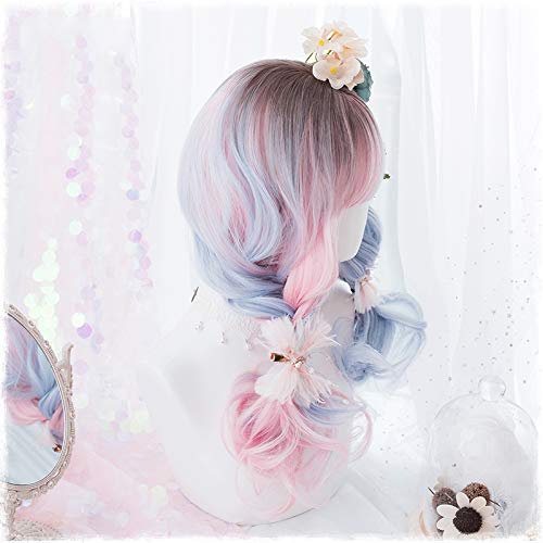 Osseoca Double Color Brown Gradient Pink And Blue Long Curly Synthetic Hair Wigs Lolita Japanese Sweet Cosplay Party Natural Wigs #TOP2