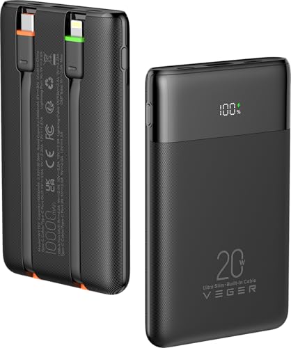 VEGER Power Bank con Cables Integrados,10000mAh USB C Bateria Portatil, 22.5W Mini Bateria Externa Carga Rapida Compatible con teléfonos móviles, tabletas, Chalecos calefactables, etc.