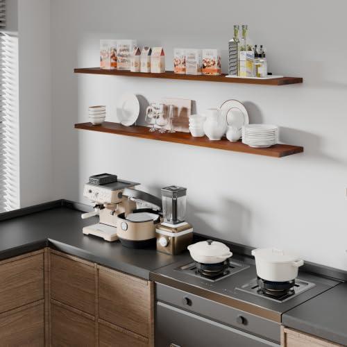 Image of 60 Inch Long Floating Shelf for Wall, 2 Tier Solid Wood Floating Book Shelf, Walnut Large Wall Shelf with Heavy Duty Brackets, Floating Bookshelf for Living Room