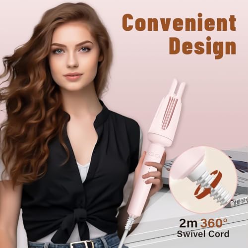Automatic Hair Curler for Long Hair - Pink Curling Wand with 3 Temperatures, Auto Shut-Off, Anti-Scald & Anti-Tangle Features