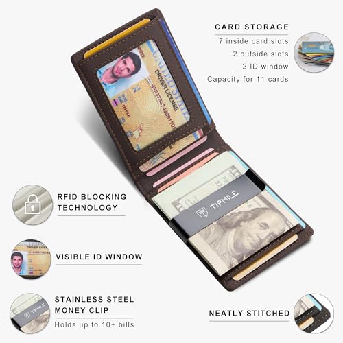 Tipmile RFID Wallet for Men Leather, Slim Front Pocket Bifold Wallet with Money Clip, Minimalist Credit Card Holder Thin Small with 2 ID Windows