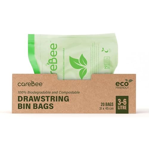 CareBee Drawstring Bin Bags Heavy Duty Rubbish Bags with Easy-Tie Handles Leakproof Tear-Resistant & Odour-Control Ideal for Home Kitchen Office & Outdoor Use (3-6L 20 Pack)