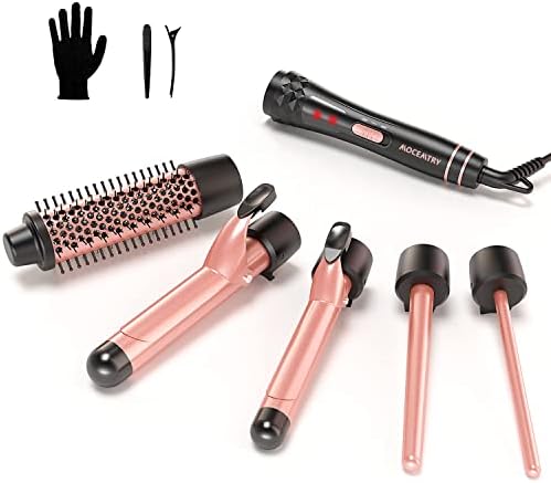 MOCEMTRY Curling Iron , Curling Wand Set Curling Brush, Instant Heat Up Hair Curler with 5 Interchangeable Ceramic Barrels (0.35”-1.25”), 2 Temperature Adjustments Heat Protective Glove & 2 Clips