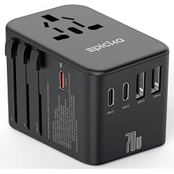 Epicka 70W GaN PD Universal Travel Adapter, 3USB-C/2USB-A | International Power Adapter for EU/US/UK/AU, PD Fast Charging for Multi-Device Travel, TA-105 Pro, Black