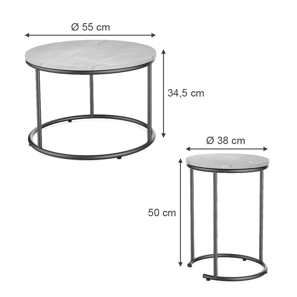 Vicco Set di tavolini da salotto Ottawa, Marmo bianco, 55 x 55 cm 2 parti, per un utilizzo flessibile come tavolini d’appoggio e tavolini laterali