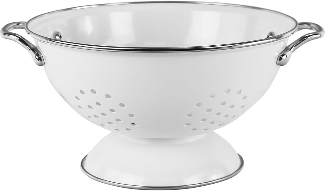 Reston Lloyd, 3 Quart Powder Coated Steel Kitchen Strainer Basket for draining Pasta, Vegetable and Fruit, Chrome Handles and Wide Stable Base, White