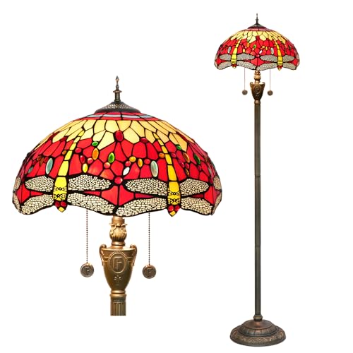 Blivuself Tiffany Floor Lamp Dragonfly Red Stained Glass Floor Light Bright Lighting Rustic Standing Lamp Vintage Unique Bronze Reading Corner Lamp for Home Decor Living Room Bedroom 16X16X64 Inches