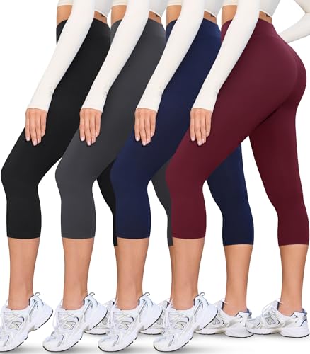 VALANDY Creamlush 4 Pack Capri Leggings for Women-High Waisted Stretchy Soft Yoga Lounge Pants(S-3XL) 4 Packs - Black/Dark Grey/Navy Blue/Wine Red S-M