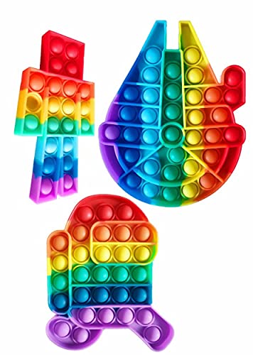 3Pcs Rainbow Push Pop Bubble Sensory Fidget Toy for Anxiety, Silicone Stress Relief Toys for Kids and Adults,Star Spacecraft Human Sensory Toy (Rainbow-1)