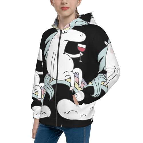 Unicorn and Wine Kid Hoodies Boys Zip Up Sweatshirts Girls Pullover with Pocket