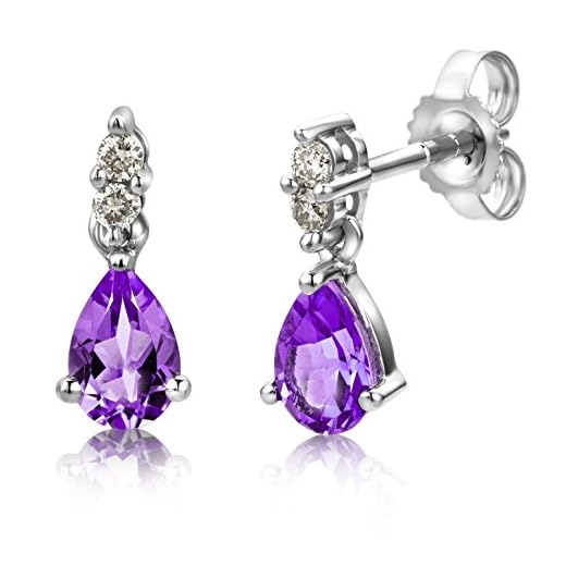 Miore Oorstekers 9 karaat (375) witgoud met druppelvormige amethist en briljanten.