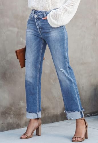 Jeans for Women Trendy High Waisted Corssover Boyfriend Jeans Distressed Stretchy Denim Pants2