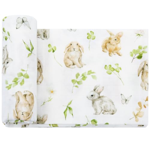 Image of LifeTree Baby Swaddle Blankets, Muslin Swaddle Blankets Boys Girls Swaddling Wrap Receiving Blanket for Newborn, 70% Viscose Bamboo and 30% Cotton, Large 47" x 47", Leaf & Rabbit Pattern