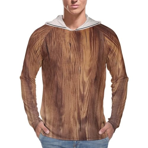 Men's Sun Protection Hoodie Shirts UPF 50+ Long Sleeve Rash Guard Brown Wood Grain Sun Shirt Outdoor