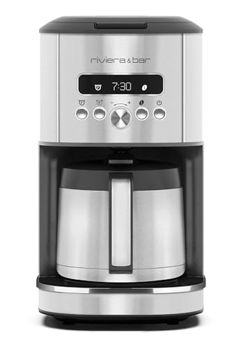 riviera&bar Cafetière Filtre Isotherme - Programmable 1,5L, 950W, Affichage Digital, Départ Différé 24h, Sélecteur d'Arôme, Système Stop-Goutte, Filtre Papier Compatible - Inox