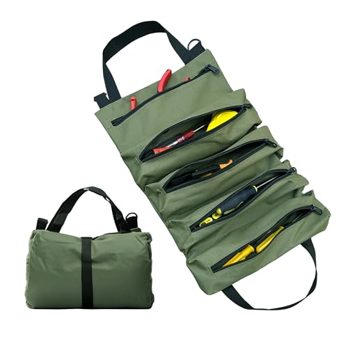 Tool Roll Bag, Roll Up Tool Bag Organizer, 5 Pockets Foldable Waterproof Roll-Up Tool Box, Heavy Duty Canvas Portable Tool Storage Pouch for Mechanics & Electricians Ideal Gifts for Men, Dads