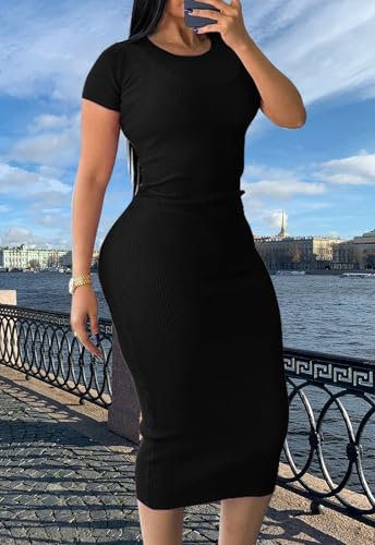 Women's Summer Casual Ribbed Dress Short Sleeve Crewneck Slim Fit T Shirt Bodycon Dresses4