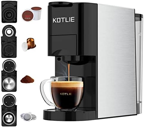 KOTLIE Latest Single Serve Coffee Maker,4in1 Espresso Machine for K-Cup/Nespresso Original/Ground/ESE Capsule Pod,3 Pods,2 Bowl,2oz to 10oz Cup, 28oz Removable Water Tank,19 Bar,1450W