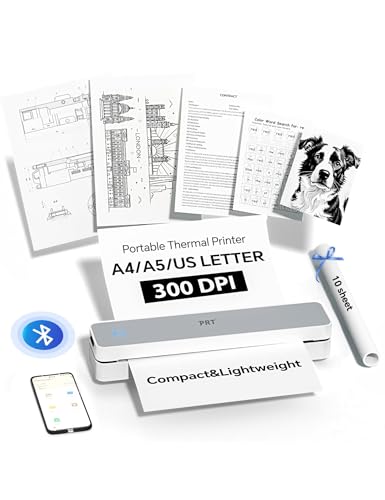 PRT Portable Printer Wireless for Travel, Inkless Bluetooth Small Mobile Thermal Printer, Support 8.5" X 11", A4, Compatible with iOS, Android, Laptop for Home Use, Office & Vehicles, 300 DPI, White