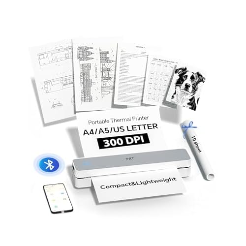 PRT Portable Printer Wireless for Travel, Inkless Bluetooth Small Mobile Thermal Printer, Support 8.5" X 11", A4, Compatible with iOS, Android, Laptop for Home Use, Office & Vehicles, 300 DP